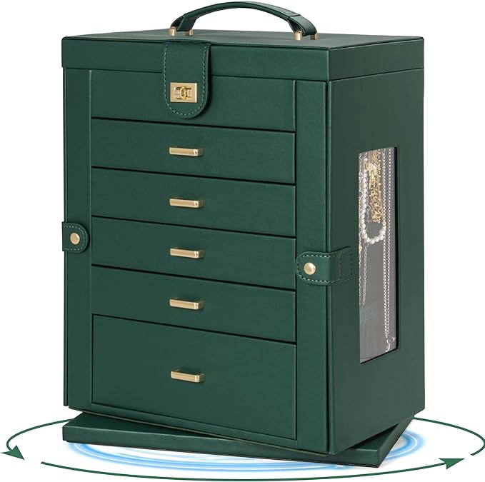 AKOZLIN 360° Rotating Jewelry Box 6-Tier Organizer Functional Jewelry Storage Case for Women Girls Ring Necklace Earring Bracelet Holder with Mirror