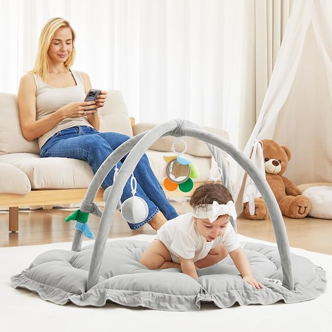 ANGELBLISS 5 in 1 Baby Play Gym Mat, Reversible Tummy Time Mat with 5 Sensory Toys for Stage-Based Developmental, Thick & Large Baby Activity Center from Newborn to Toddler (Grey)