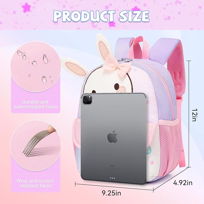 Toddler Backpack for 1-3 Year Old Girls & Boys Waterproof 3D Animal Cartoon Rabbit Design Kids Travel Backpack Lightweight Preschool Daycare Bag with Adjustable Straps(Little White Rabbit)