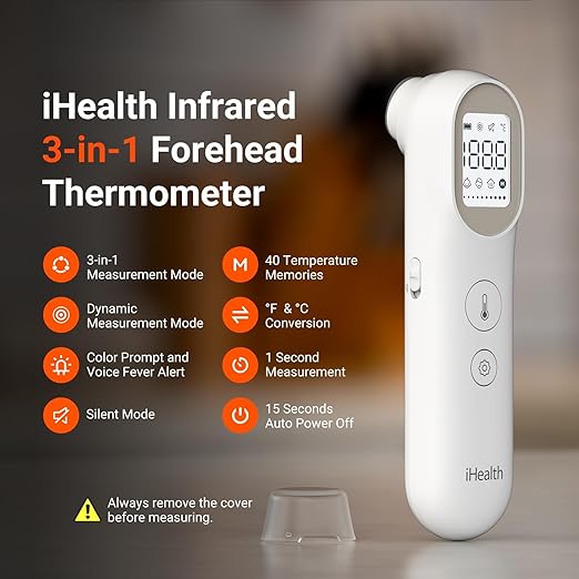 iHealth Infrared Digital Thermometer for Adults and Kids, Baby Thermometer with 3-in-1 Mode & 3-Color Prompt, Fever Alarm & Silent Mode, Forehead & Object Detection, 40 Memory Storages, PT9L, White