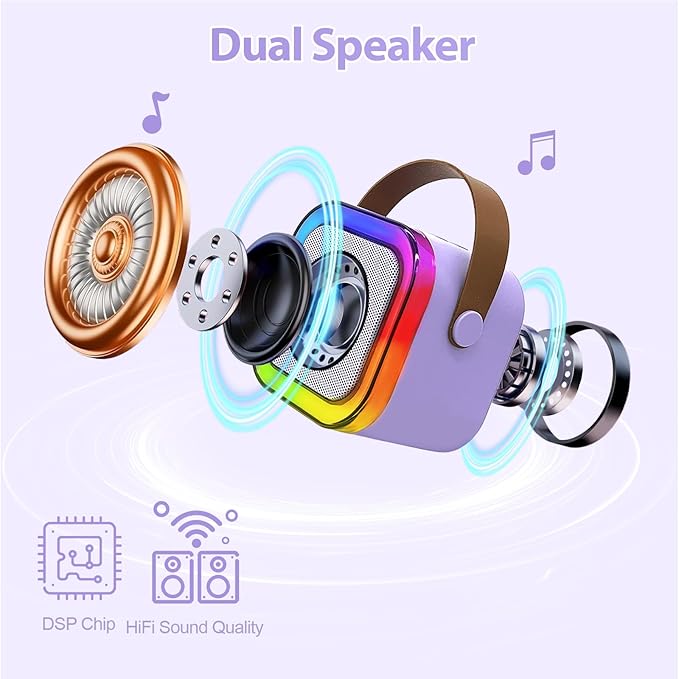 Mini Karaoke Machine for Kids, Birthday Easter Gifts Toys for Girls Boys Ages 3-12+, Portable Bluetooth Speaker with Upgraded 2 Wireless Microphones, Toddler Toys for Singing Home Party Family, Purple