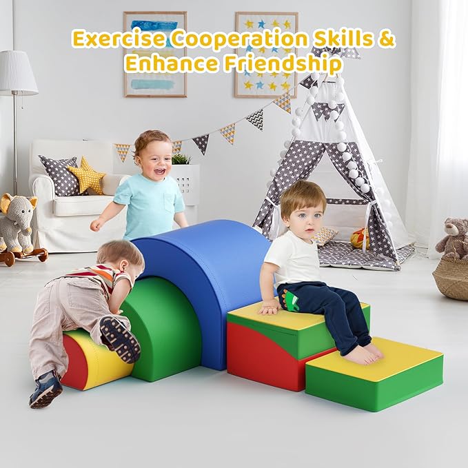 Lischwert Foam Climbing Blocks, Soft Climbing Toys for Toddlers, 5 Pieces Crawl and Climb Foam Playset with Foldable Block and Tunnel, Indoor Climber Activity Play Set for Kids Age 1+(Colorful)