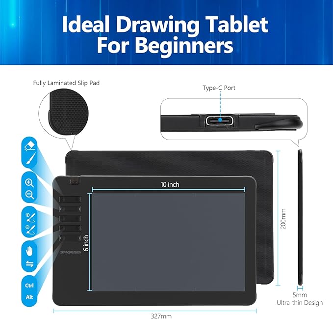 T906 Graphics Drawing Tablet, 10x6.25 Inch Digital Art Tablet with 8192 Pressure Sensitivity Battery-Free Stylus, 10 Shortcut Keys, Ultra-Thin Pen Tablet for Mac, Windows PC and Android