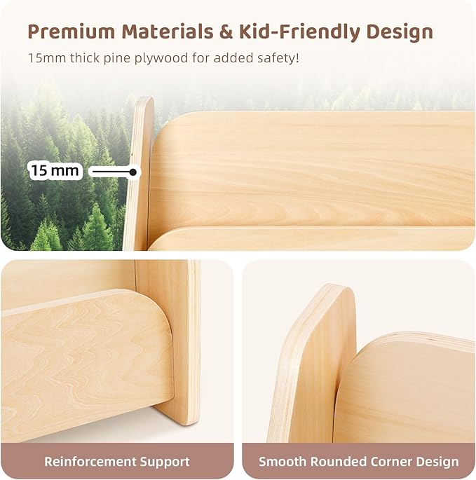 OOOK Kids Bookshelf, Wooden 4-Tier Front Facing Book Display Shelf for Kids, Toddler Montessori Bookshelf for Classroom, Playroom, Nursery