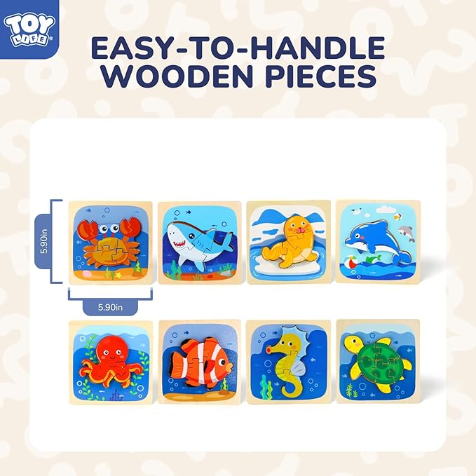 TOY Life Wooden Puzzles for Toddlers 2-4, Sea Animals Puzzles for Toddlers 1-3, Wood Puzzles Educational Montessori Toys Gifts for 1 2 3 Year Old, Baby Kids Learning Toy