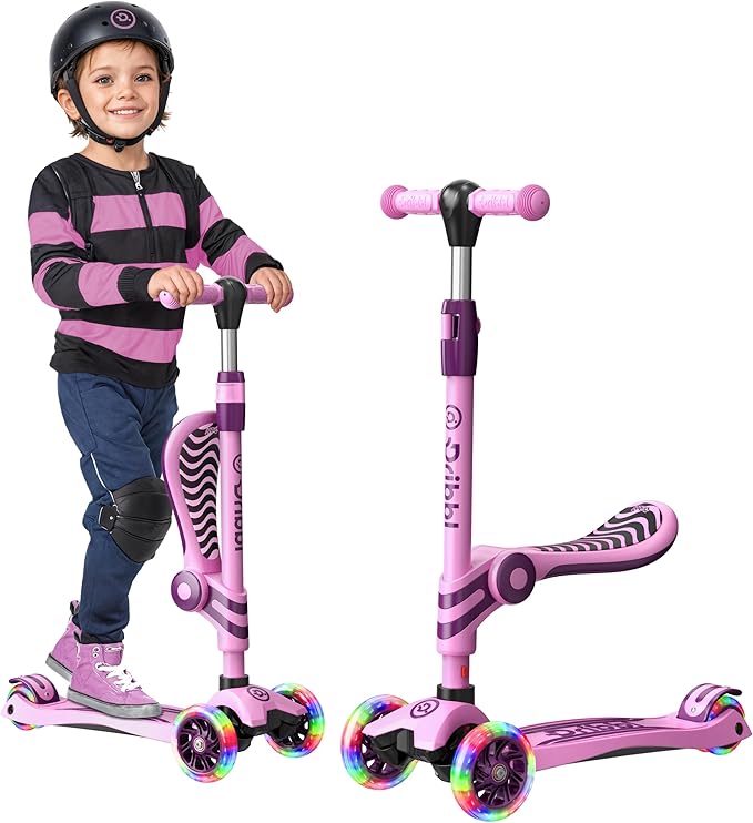 Pink & Purple 3 Wheel Scooter with Seat for Kids – Light-Up LED Wheels, Adjustable Handlebar and Seat, Smooth PU Wheels, Wide Anti-Slip Deck, Rear Foot Brake – Toddler Outdoor Toys for Ages 2+