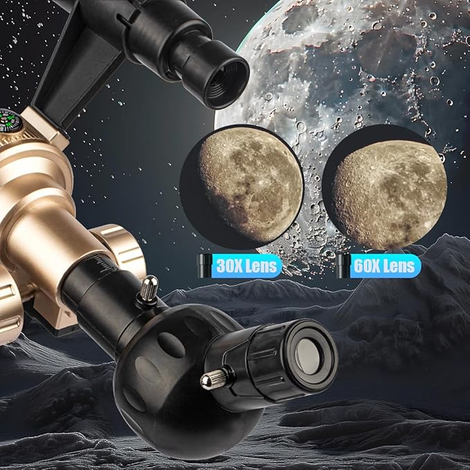 Telescope for Kids& Adults with 60X/30X Lenses, Adjustable Alloy Tripod, Mobile Phone Holder, 360° Gimbal Mount for Stargazing and Nature Viewing,Suitable for Astronomy Enthusiasts