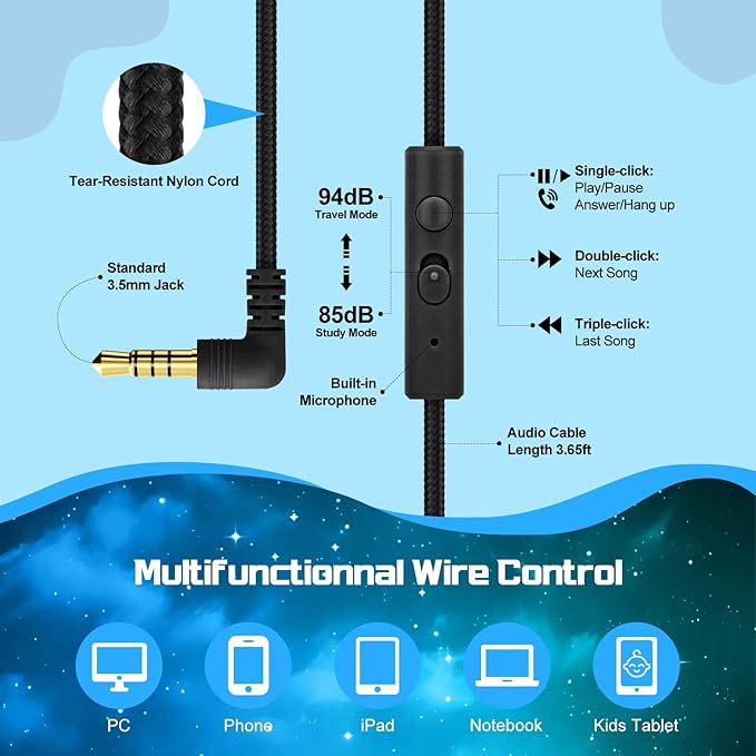 QearFun Kids Headphones Wired with Mic, 85/94dB Safe Volume Limit, Foldable Over Ear, Tangle-Free Cord & Sharing Port, Wired On-Ear Headset for School, Chromebook, Tablet, Travel - Boys & Girls