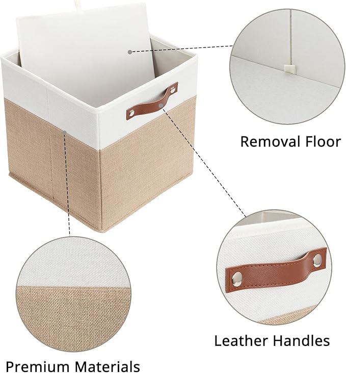 HNZIGE Fabric Storage Cubes, Cube Storage Bins 12 x 12, Set of 4, Decorative Storage Baskets for Shelves with Handles,Foldable Bins for Cube Shelf Organizer Home Toy Nursery Closet(Beige White)