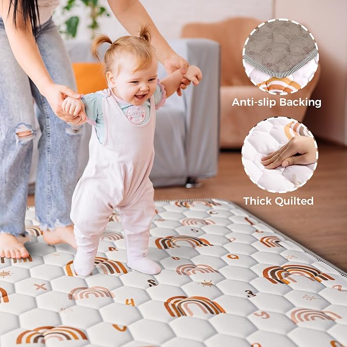 Boho Rainbow Baby Play Mat 50" X 50" Playpen Mat Thicken One-Piece Baby Crawling Mat Non-Slip Cushioned Baby Floor Mat Activity Playmats for Infants, Babies, Toddlers (50X50, Letters+Number)