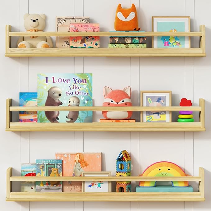 Upgraded Wooden Wall Bookshelf for Kids Books, Large Nursery Floating Shelves for Kids Bedroom, Natural Wood Wall Bookshelves for Teens Toddlers Living Room Decor (36 Inch Long 3-Pack)