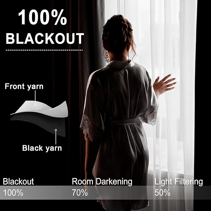 XWZO 100% Blackout Curtains - Extra Long Rod Pocket Thermal Insulated Black Liner Curtains, Noise Reducing and Heat Blocking Drapes for Bedroom with Tiebacks, Black, W52 x L108, Set of 2