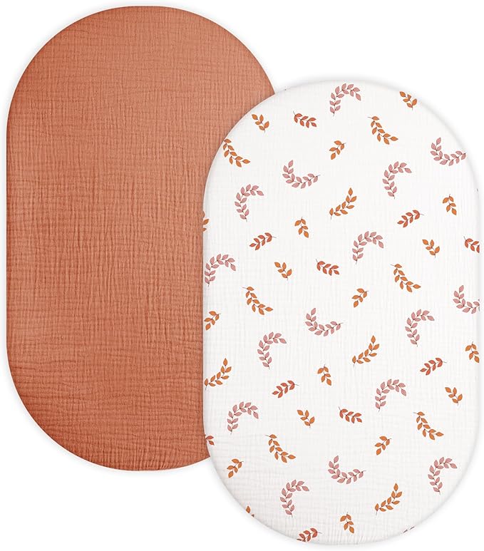 Bassinet Sheet for Baby Boy and Girl 2 Pack, Fitted Sheets for Rectangle, Oval, Hourglass Bassinet Mattress, Muslin Moses Basket Sheets with Neutral Style (Brick & Leaf)