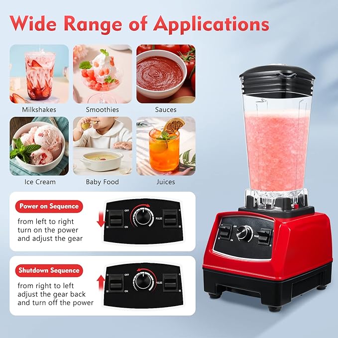 Blender 2L Automatic Smoothie Mixer Baby Food Blender 68oz Fruit Vegetables Juicer 2200W High-Speed Blender Tabletop Soundproof Milkshake Maker (Red)