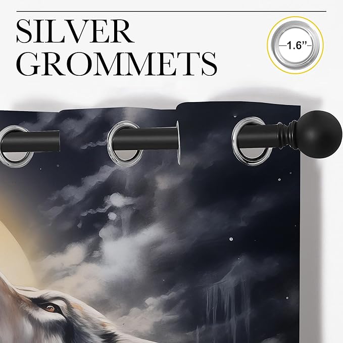 Fantasy Wolf Blackout Curtains for Boys Girl Bedroom Decor,Full Moon Starry Sky Wildlife Retro Thermal Insulated Grommet Drapes Darkening Window Curtain for Living Room Home 42x45 inch
