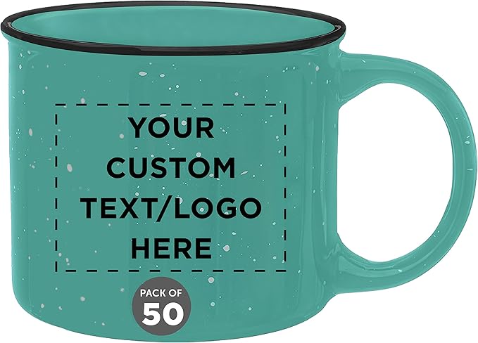 DISCOUNT PROMOS Custom Ceramic Campfire Coffee Mugs 13 oz. Set of 50, Personalized Bulk Pack - Perfect for Tea, Espresso, Cappuccino, Hot Cocoa - Mint