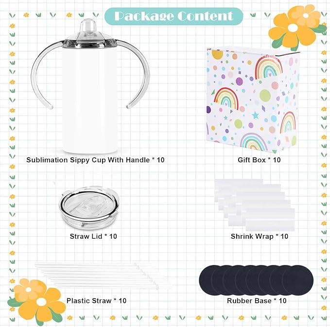 Kids Sippy Cup & Todder Bottle, 10 Pack - 12 Oz Stainless Steel, in Style & Colorful Sublimation Design