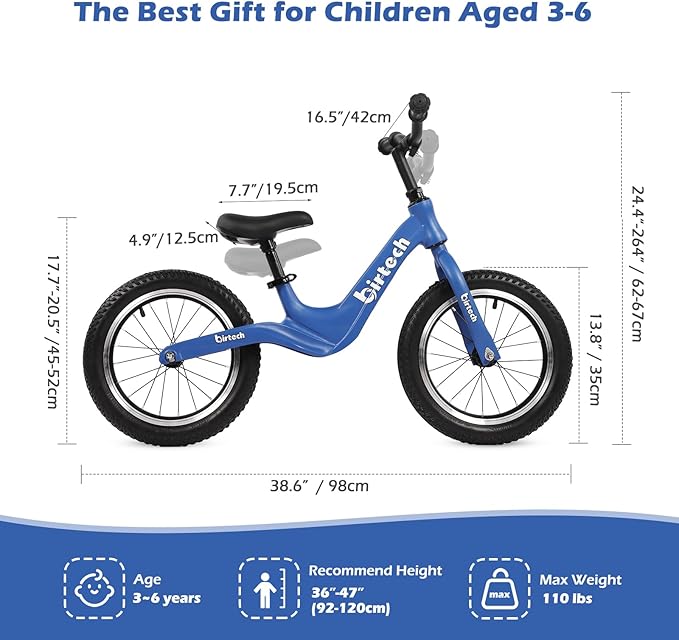 14" Kids Balance Bike for 3,4,5,6 Year Old Boys and Girls, Air Tires with Magnesium Alloy Frame, Lightweight No Pedal Toddler Training Bicycle