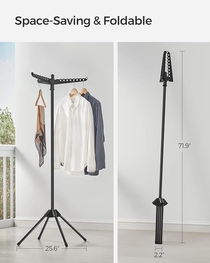 SONGMICS Clothes Drying Rack, 59-Inch Folding Laundry Drying Rack with 3 Rotatable Arms for Hangers, 4 Legs, Stainless Steel, for 27 Pieces of Clothes, Black ULLR510B01