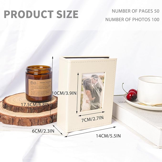 RECUTMS 100 4x6 Small Photo Album with Front Window, Premium Leather Cover Hold 100 Vertical Photos for Family Wedding Baby Children (Beige)