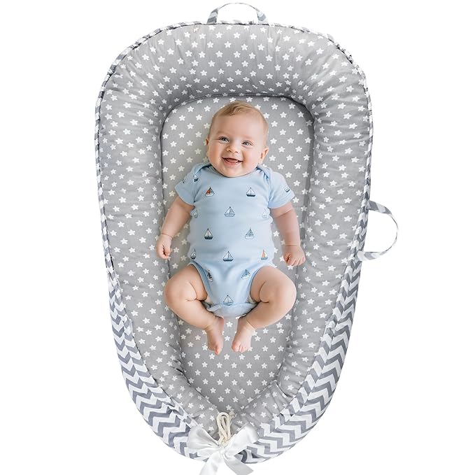 Baby Lounger - Baby Lounger for Newborn 0-24 Months, Breathable and Soft Cotton Cover Baby Nest, Portable Cozy Tummy Time Lounger for Home and Travel, Ideal Baby Essentials & Shower Gifts