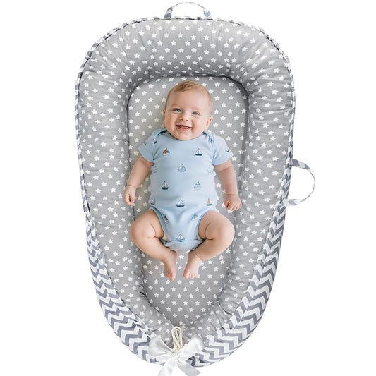 Baby Lounger - Baby Lounger for Newborn 0-24 Months, Breathable and Soft Cotton Cover Baby Nest, Portable Cozy Tummy Time Lounger for Home and Travel, Ideal Baby Essentials & Shower Gifts