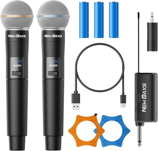 Wireless Microphone, Rechargeable Dual Cordless Handheld Dynamic Wireless Mics,NEWBAXS Karaoke Microphones with 1/4'' Output for Karaoke, Meeting, Singing, Church, Wedding