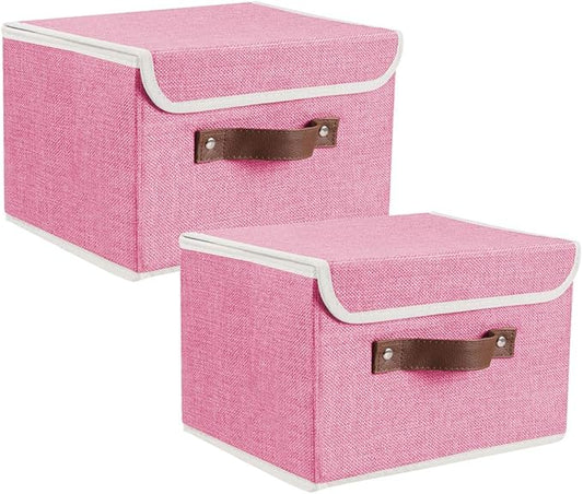 Lucky Monet Storage Bins Boxes with Lids 2 Pack Decorative Storage Boxes Collapsible Fabric Storage Basket Containers Lidded Storage Cube for Organizing Closet Home Office, 10"x 8"x 7" (Pink)