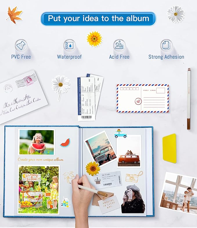 popotop Photo Album Self Adhesive with Picture Display Window,40 Pages DIY Scrapbooking Supplies Kit for 4x6 8x10 Picture,Linen Cover Memory Book for Baby Wedding, with Scraper and Metallic Pen