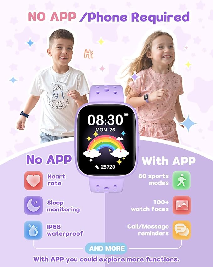 Kids Watch for Girls 5-12, Kids Smart Watch Fitness Tracker Pedometer, No Phone Needed, Puzzle Games with Parental Control, IP68 Waterproof, Heart Rate, Sleep Monitor, Step Counter, 80 Sports