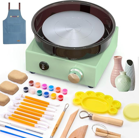 Alldeer Mini Pottery Wheel Kit - 6" Turntable Two-Way Rotation Clay Wheel, Metal Frame, Removable Splash Tray Ceramic Making Kit with 18PCS Sculpting Tools, Pottery DIY Machine for Kids and Beginners