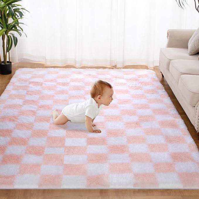Super Soft Rug for Bedroom, Pink and White Area Rug Classic Checkered Shaggy Anti-Skid High Pile Soft Fluffy Rug Fuzzy Carpet for Living Room Bedroom Kids Room Nursery, Dorm Home Decor