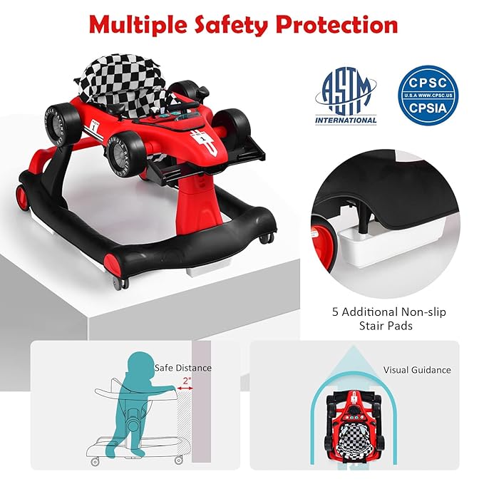 HONEY JOY 4-in-1 Baby Walker, Activity Push Walker w/3 Adjustable Heights, Smooth Wheels w/Adjustable Speed, Padded Seat, Music & Light, Foldable Car Walker for Baby Boys Girls Age 6 Months+ (Red)