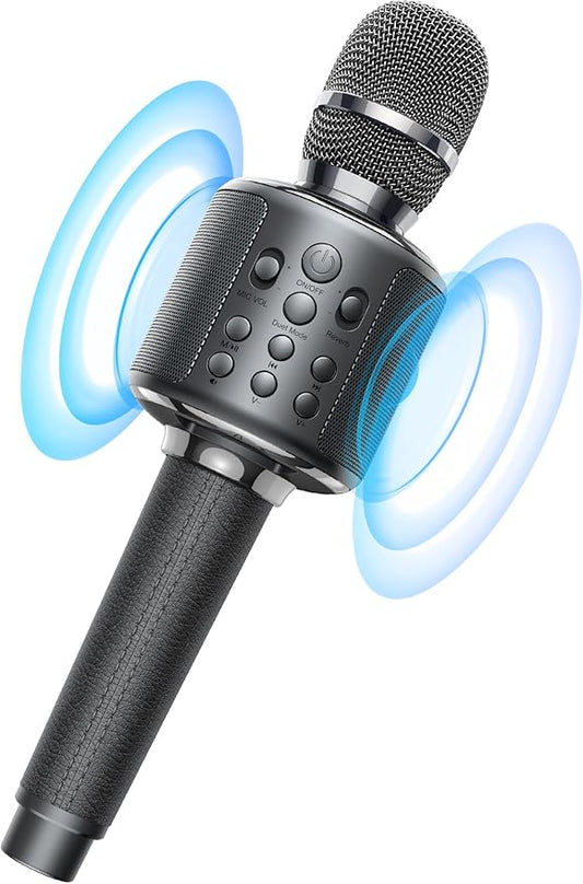 Wireless Bluetooth Karaoke Microphone, Built-in Loud Speaker for 10H Playback, Add Reverb/Duet Mode/Earbuds Monitoring, Portable Karaoke Machine for Entertainment & Singing Practice (Gray)