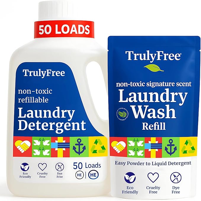Natural Laundry Detergent for Sensitive Skin | Eco Friendly, Plant Based, Baby Clothes Safe | Clean & Easy Powder to Liquid, 1 Pack Detergent + 1 Refillable Jug | Signature Scent, 50 Loads