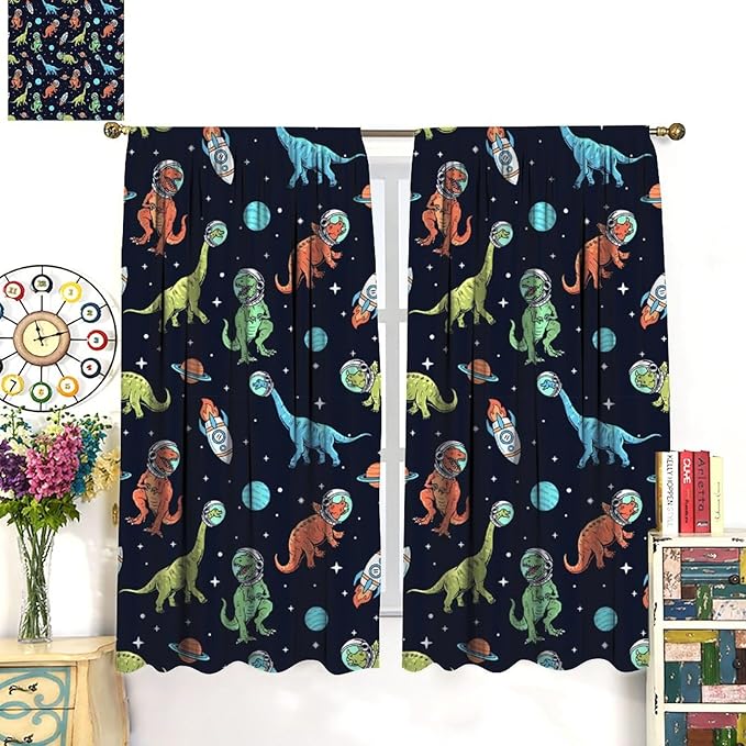Cartoon Dinosaur Curtains for Kids Boys Girls Home Decor, Astronaut Rocket Funny Outer Space Blackout Rod Pocket Window Drapes for Bedroom Living Room W42xL84in 2 Panels