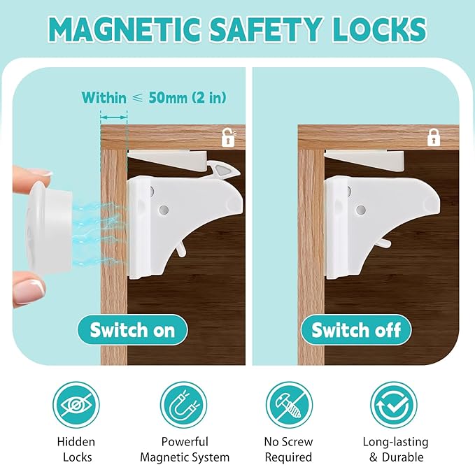 Magnetic Cabinet Locks Baby Proofing - Children Proof Cabinet Drawers Safety Locks (10 Locks and 2 Keys)