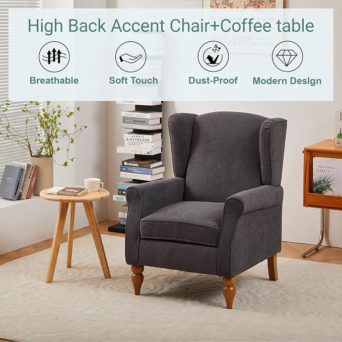 Coffee Table & Armchair Set, High-Back Wingback Chair - Image 7