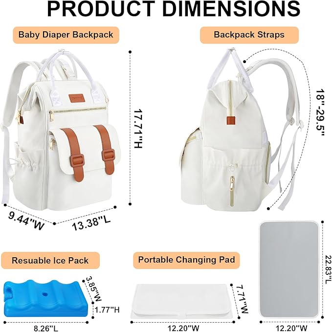 PIIOSER Diaper Bag Backpack with Ice Pack, Large Capacity & Waterproof Convertible Diaper Bag Tote for Moms Dads, Insulated Baby Tote Bag with Changing Pad, Stroller Straps & Pacifier Case, Cream