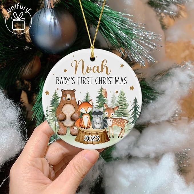 Unifury Personalized Baby First Christmas Ornament 2024, Adorable Keepsake for Babies First Christmas Tree, Holiday Decor for Celebrating Ceramic Babys 1st Christmas Ornament 2024, Woodland Animal