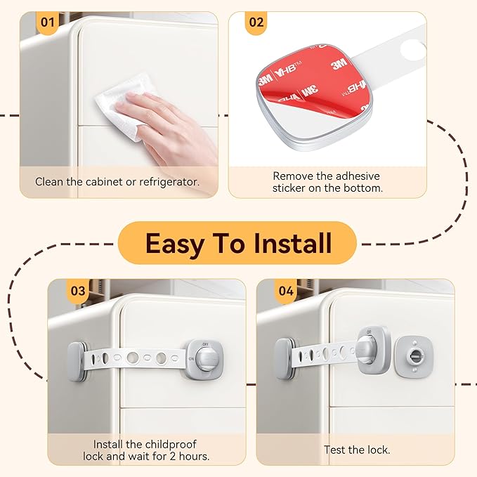 2 Pack Cabinet Locks/Refrigerator Locks Baby Proofing - Child Proof Locks for Drawer, Refrigerator, Fridge, Toilet Seat-No Screws or Tools Required (2 Pack-Grey Locks)