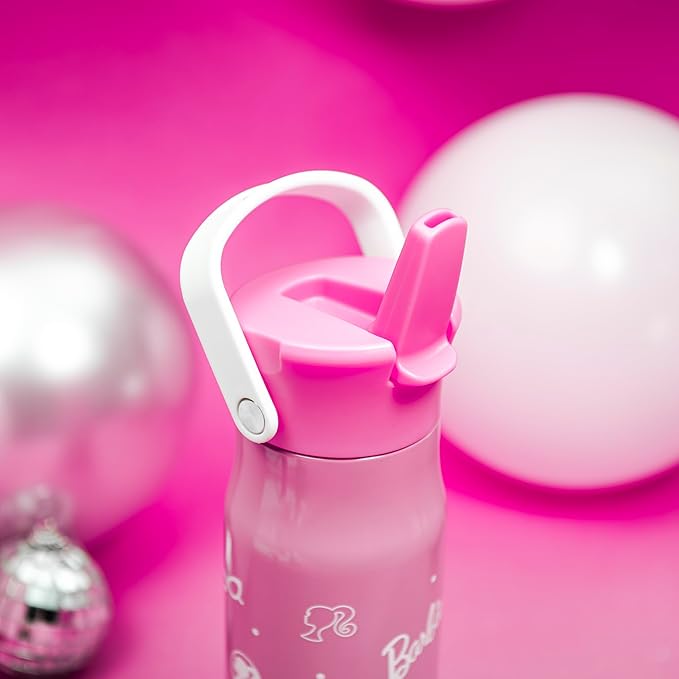 Zak Designs Barbie Harmony Water Bottle for Travel or At Home, 20oz Stainless Steel is Leak-Proof When Closed and Vacuum Insulated with Straw Lid and Carry Handle (Pink)