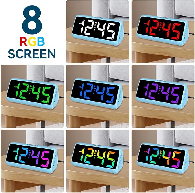 Netzu Loud Alarm Clock for Heavy Sleepers, RGB Alarm Clocks for Bedrooms Seniors Kids, Plug in Digital Clock with 5 Dimmers, 2 Alarms, 4 Volumes and Snooze