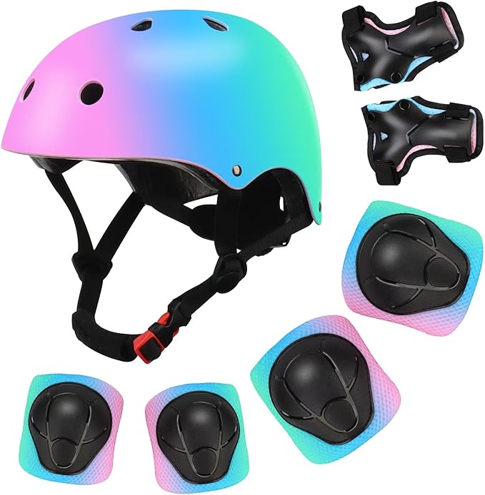 Color Gradient Adjustable Kids' Helmet with Knee & Elbow Pads Set | Multi-Sport Safety Gear for Boys & Girls Ages 5-14 | Skateboarding, Scooters, Roller & Inline Skating, Longboarding