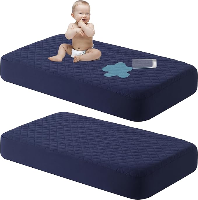 NTBAY 2 Pack Waterproof Crib Mattress Protector, Quilted 28"x52" Toddler Fitted Sheet - Machine Washable - Soft and Breathable Mattress Pad Cover for Crib, Nursery, Daycare, Cot, Navy Blue