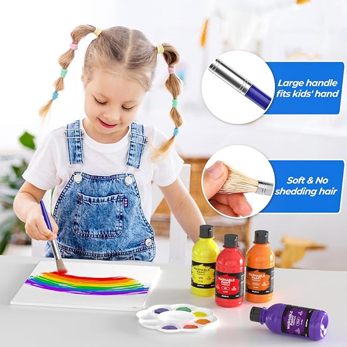 Nicpro Washable Paint for Kids, Kids Painting Set with 10 Paintbrushes, Palettes, Sponge, 6 Vibrant Colors 8.45oz, Non Toxic Washable Finger Paint for Toddlers Preschool Children Art Painting Supplies