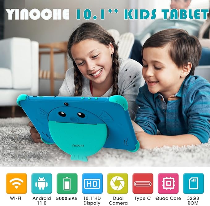 YINOCHE Kids Tablet 10 inch Tablet for Kids 5G WiFi Toddler Tablets with Case Parental Control Dual Camera 32GB Kids Tablets Educational App Preloaded Support YouTube Neflix (Blue)
