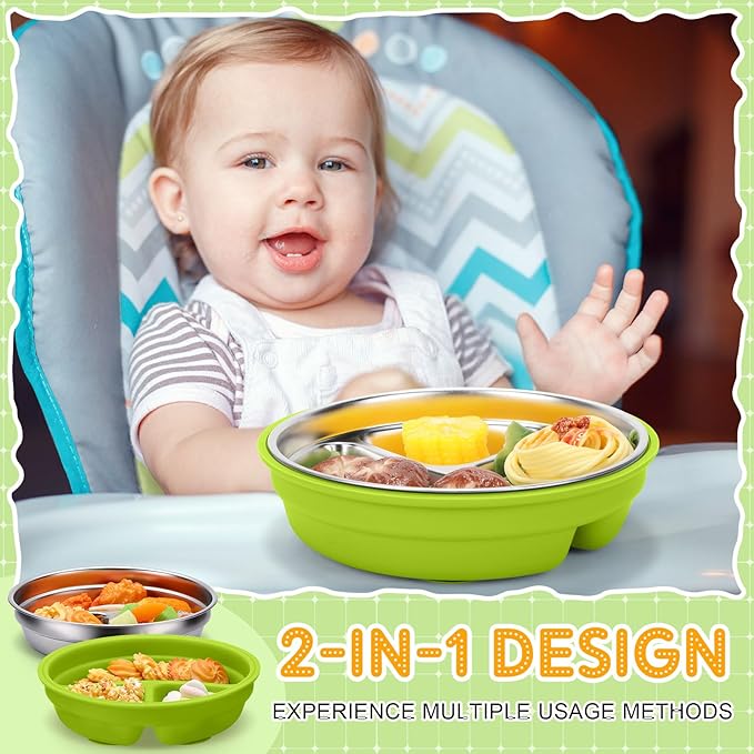 Nuogo 1 Pcs Stainless Steel Baby Suction Plates with Removable Silicone Shell 2-in-1 Metal Toddler Bowl Divided for Picky Eaters Kid Feeding Led Weaning Supply, Dishwasher Safe (Green)