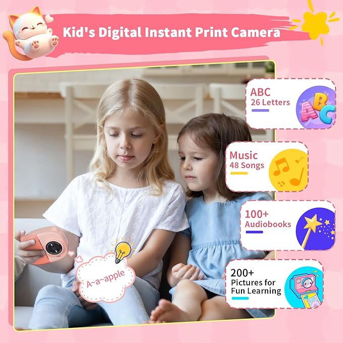 Rongta Kids Camera Instant Print, 1080P Kids Instant Cameras That Print Photos, Christmas Birthday Gifts for Girls Age 3-12, Video Camera Portable Toy for 3 4 5 6 7 8 9 10 Year Old Kids Girls(Pink)