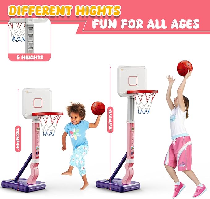 Toddler Basketball Hoop, Adjustable Height 2.3-4.5ft Baby Basketball Goal Set with 4 Balls & Pump, Backyard Poolside Basketball Toy for Boys & Girls Birthday Gift, Pink